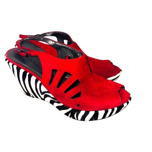 Vaneli Red Suede Open-Toe Zebra Wedge Heel Sandals Cut-Out 8 Glam City Mob wife - Picture 1 of 10